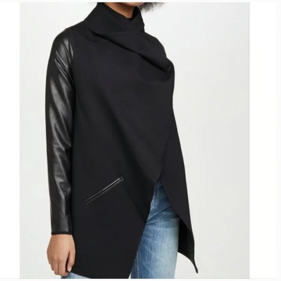 SPANX Sweaters - SPANX Drape Front Jacket Women's Black Ponte Faux Leather Wrap Waterfall